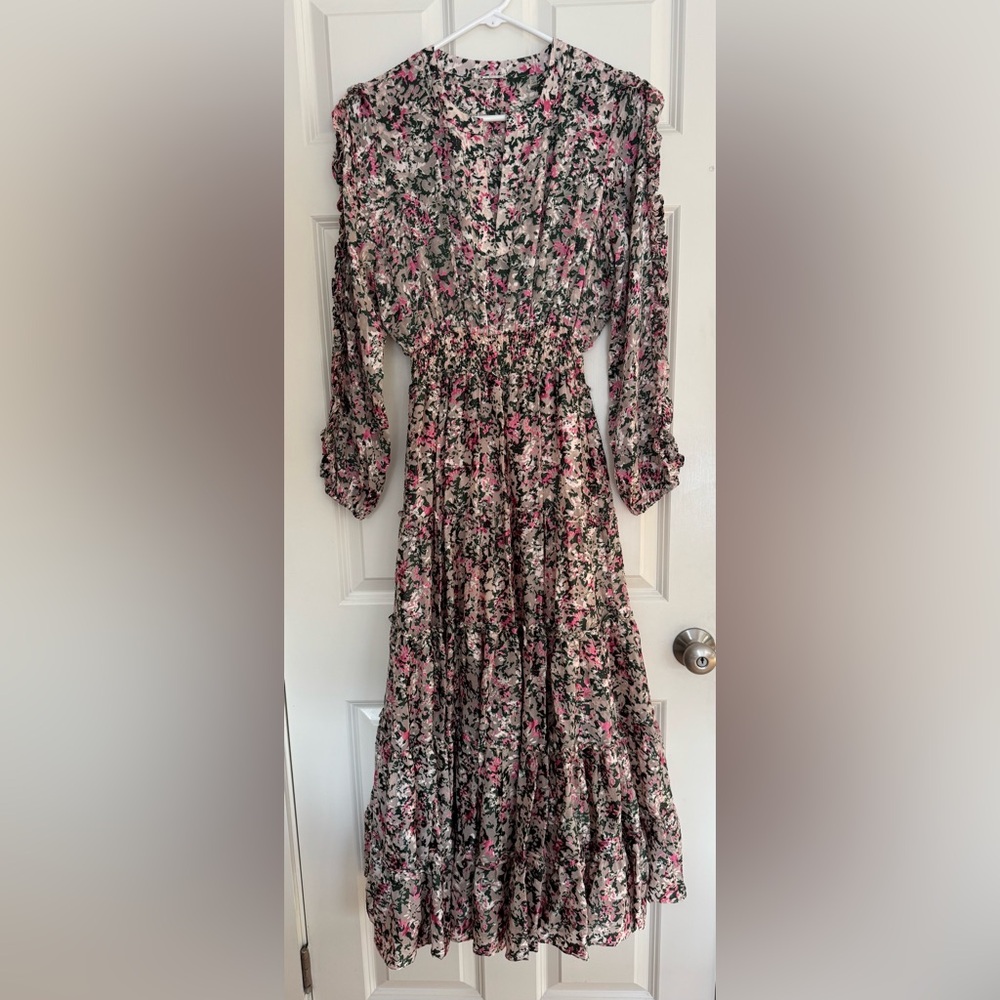 Ellie Tahari Abstract Tiered Floral Maxi V-neck Long Sleeve silk‎ blend women S